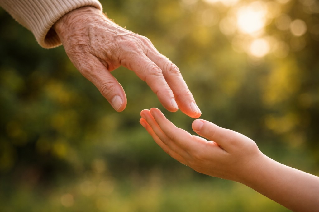 An older hand reaching toward a younger hand, passing on a legacy